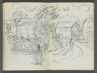 Sketchbook, The Dells, N° 127, pagina 102 e 103: Paesaggio con case e strada