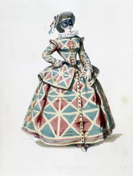 Costume e maschera di Arlecchino nel 1855, personaggio femminile di Arlecchino nella commedia dell
