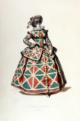 Costume e maschera di Arlecchino nel 1855, personaggio femminile di Arlecchino nella commedia dell