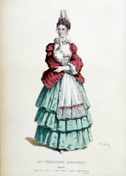 Costume di Madelon nella commedia "Le preziose ridicole" di Jean Baptiste Poquelin detto Moliere, illustrato da Maurice Sand (1823-1889). 1868. Parigi, Comédie-Française