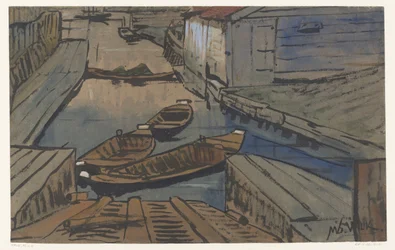 Barche in un canale tra fienili