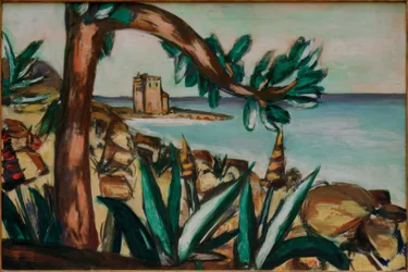 Paesaggio marino con vecchio castello e agavi