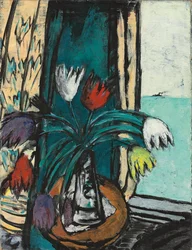 Natura Morta con Tulipani e Vista sul Mare