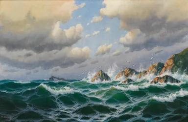 Tedesco: Vaporetto al largo della costa in tempesta