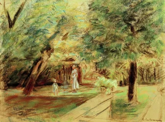 Nipote con bambinaia davanti ai giardini di siepi