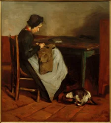Ragazza che cuce con gatto - Interno olandese