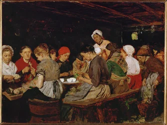 Donne in una fabbrica di conserve (olio su legno di mogano)