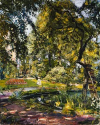Giardino a Godrammstein con un albero contorto e uno stagno, 1910