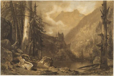 Castello alpino sopra un lago boscoso