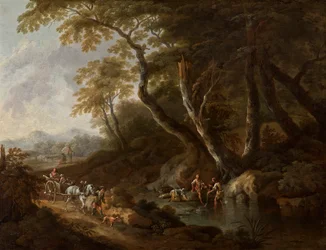 Paesaggio boschivo con acqua a destra