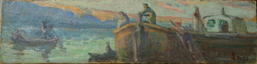 Paesaggio fluviale con chiatta e barche