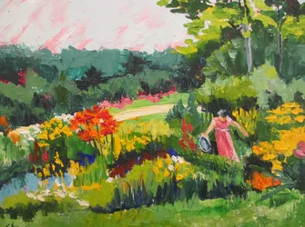 Donna in un giardino rigoglioso