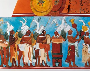 Ricostruzione degli affreschi di Bonampak che mostrano una processione di musicisti