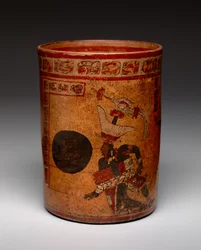 Vaso cilindrico con scena di gioco della palla