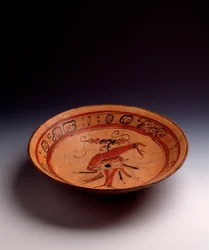 Arte precolombiana, civiltà Maya, periodo classico: vaso tripode in argilla dipinta. Da Peten, Guatemala