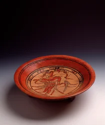 Arte precolombiana, civiltà Maya, periodo classico: vaso a treppiede in argilla dipinta. Da Petén, Guatemala