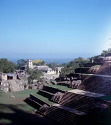 Civiltà precolombiana: vista del sito di Palenque nel Chiapas. Periodo classico Maya