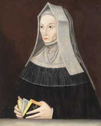 Ritratto di Lady Margaret Beaufort (1441-1509), a mezzo busto, in abiti neri e un abito bianco, un libro di preghiere nelle sue mani