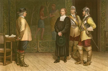 James Durham portato davanti a Oliver Cromwell (incisione a colori)