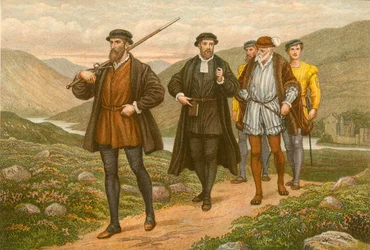 John Knox che porta la spada davanti a George Wishart, dopo il tentativo di assassinio a Dundee (incisione a colori)