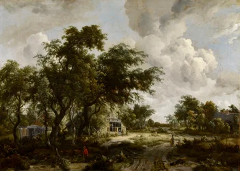 Villaggio con mulino ad acqua tra gli alberi