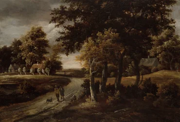 Paesaggio boscoso con figure su un sentiero