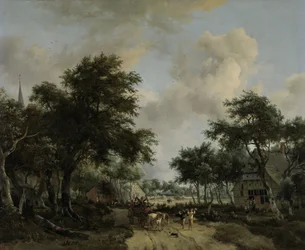 Paesaggio boscoso con festaioli su un carro