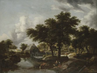 Paesaggio boscoso con mulino ad acqua