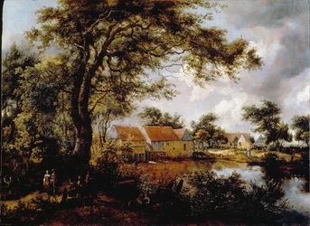 Paesaggio boscoso con mulino ad acqua