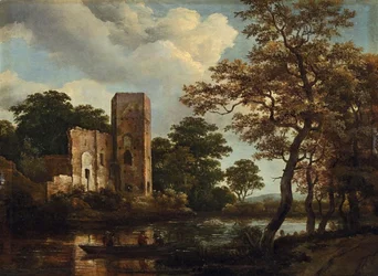 Paesaggio fluviale boscoso con le rovine del castello di Egmond a Egmond aan den Hoef