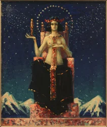 Figura femminile allegorica davanti a un paesaggio notturno dell