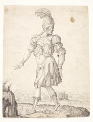 Un uomo in abito romano, che indica una sorgente