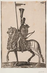 Soldato a cavallo, profilo a sinistra; lancia con bandiera, arco accanto, scudo circolare, faretra; copricapo con piume