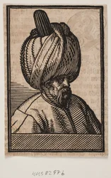 Busto di uomo barbuto con turbante, profilo 3/4 verso destra