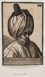 Busto di uomo barbuto con turbante, profilo 3/4 verso destra