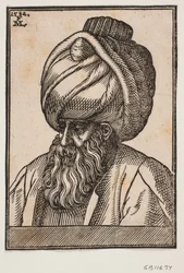 Busto di uomo con barba piena che indossa un turbante, profilo 3/4 verso sinistra