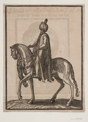 Uomo anziano a cavallo, con una clava al fianco, di profilo verso sinistra; sotto il collo del cavallo pende una coda di cavallo o di bue come segno della dignitosa condizione dell