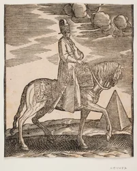 Cavaliere con una fiaschetta al collo, profilo verso destra; una spada al suo fianco destro e bagagli davanti a lui, drappeggiati sulla sella; a destra, sullo sfondo, una piramide
