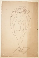 Donna nuda di spalle con un panno in grembo
