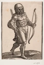 Soldato, camminando verso destra; stivali e abito corto; nella mano sinistra un arco, nella mano destra una freccia