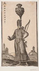 Soldato in piedi, visto frontalmente, con la testa girata a destra; porta un arco sul braccio sinistro, una faretra sulla schiena e una spada al fianco sinistro; allunga il braccio destro all