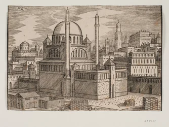 Moschea non identificata con 2 minareti, vista da nord-est; in primo piano cantiere con pietre da costruzione impilate