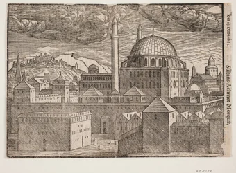 Moschea non identificata con 2 minareti, vista da sud-est; a sinistra montagna con città fortificata