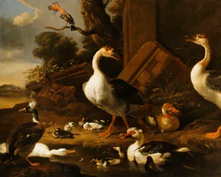 Oche cinesi ed egiziane e altri uccelli in un paesaggio con rovine vicine