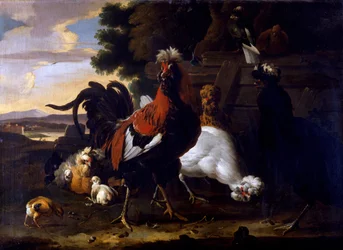Gallo, galline e pulcini vicino a una recinzione in un paesaggio boschivo