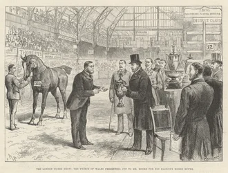 Lo spettacolo equestre di Londra, il principe di Galles presenta la coppa a Mr Moore per il suo cavallo Hackney Rufus