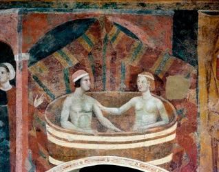 Scena di vita coniugale nel Medioevo. Una coppia si lava in una tinozza. Dettaglio. Affresco, inizio del XIV secolo