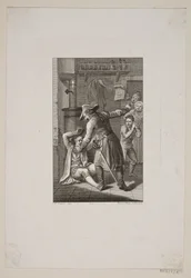 Illustrazione con persona in uniforme in lotta con un uomo sdraiato