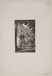 Illustrazione con guardiano che saluta una giovane coppia