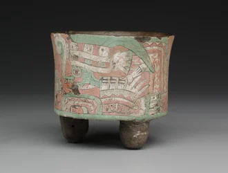 Vaso tripode cilindrico con due figure con occhiali, c.A.D. 400-650
